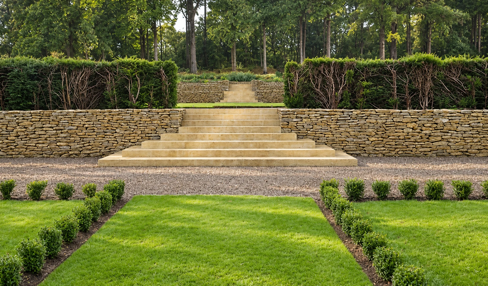 Broad stone steps rising between clipped lawns and low stone walls