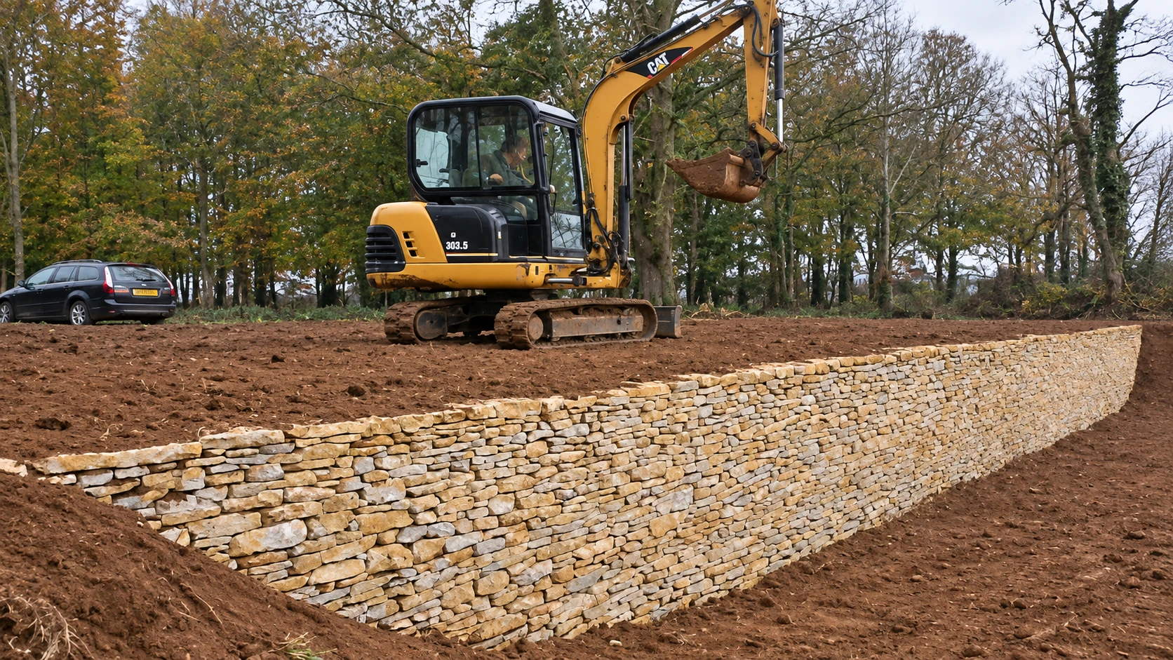 A mini excavator above a newly built dry stone retaining wall