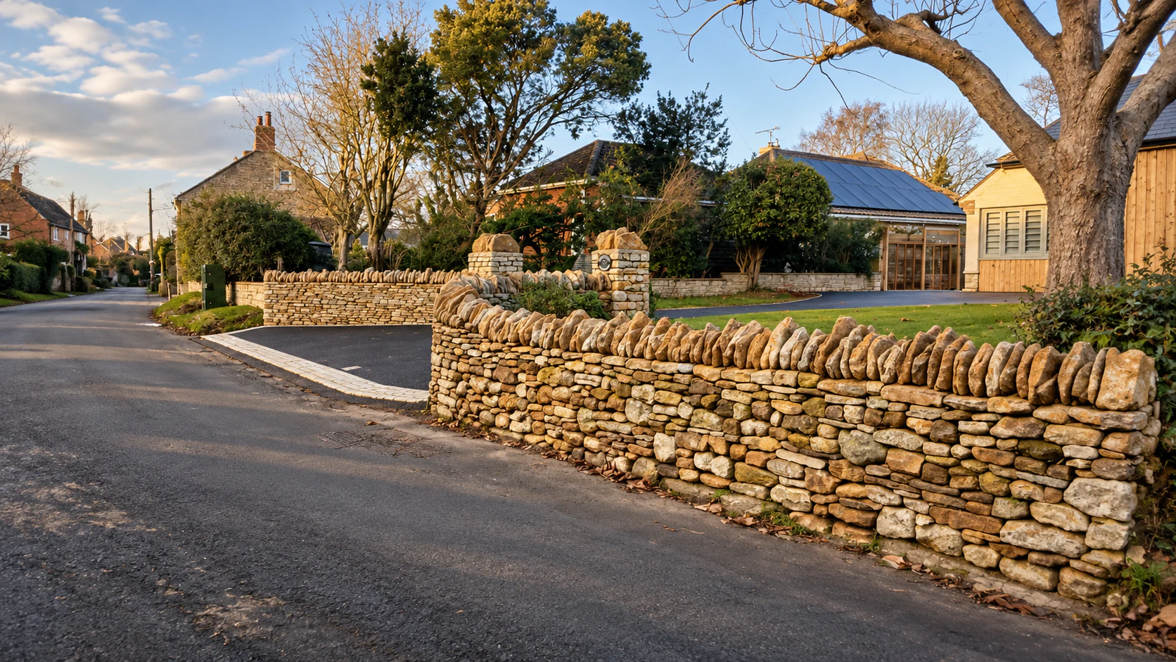 A dry stone boundary wall with upright coping stones beside a Somerset village lane
