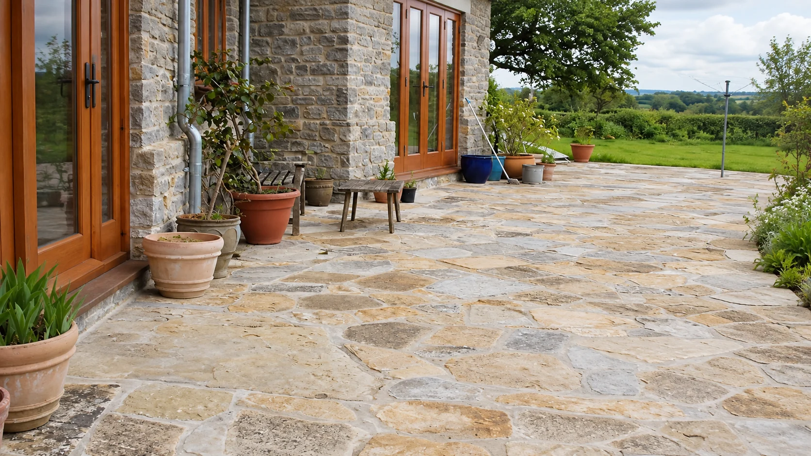 A broad rustic stone terrace beside a traditional stone cottage